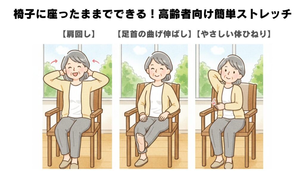 高齢者の女性が椅子に座って、にこやかに肩を回したり、足首をゆっくり曲げ伸ばししたりしているイラスト数点