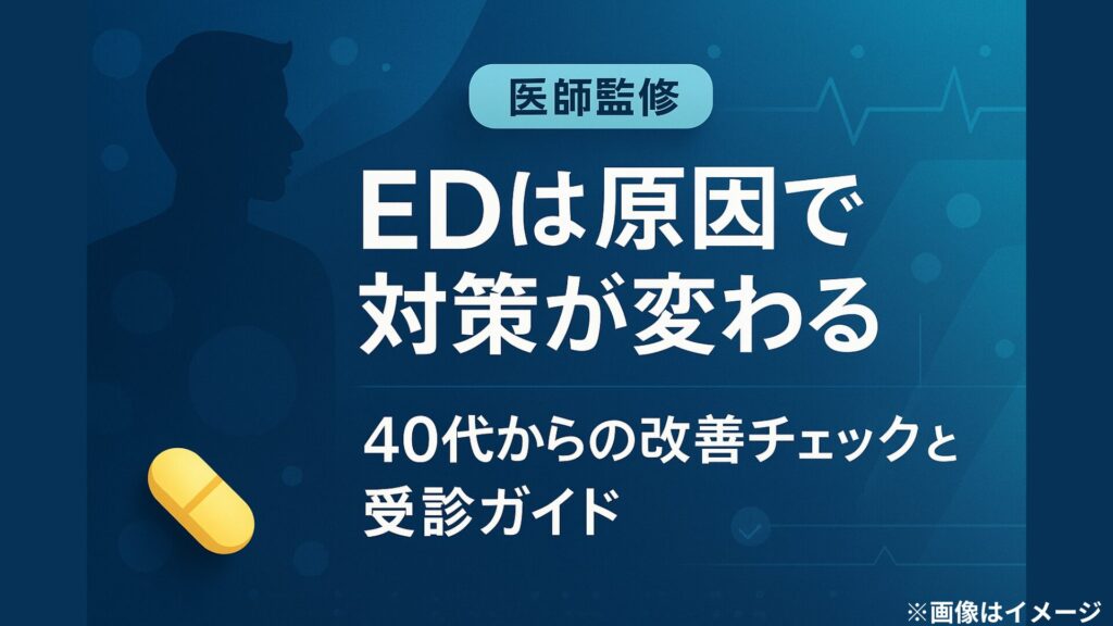 青を基調とした背景に、男性のシルエットと薬のイラストが描かれ、『EDは原因で対策が変わる｜40代からの改善チェックと受診ガイド【医師監修】』と書かれたアイキャッチ画像。信頼感と専門性を感じさせるデザイン。