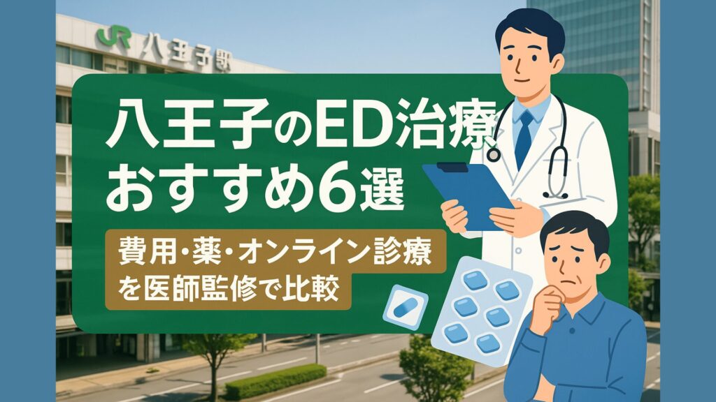 八王子のED治療おすすめ6選。費用・薬・オンライン診療を医師監修で比較するイメージ画像。JR八王子駅の背景と医師・男性のイラスト付き。