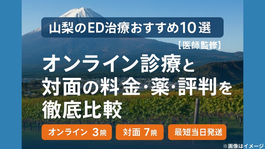 山梨でED治療が受けられるおすすめクリニック10院を医師監修で紹介。オンライン診療と対面の料金・薬・評判を比較した画像」