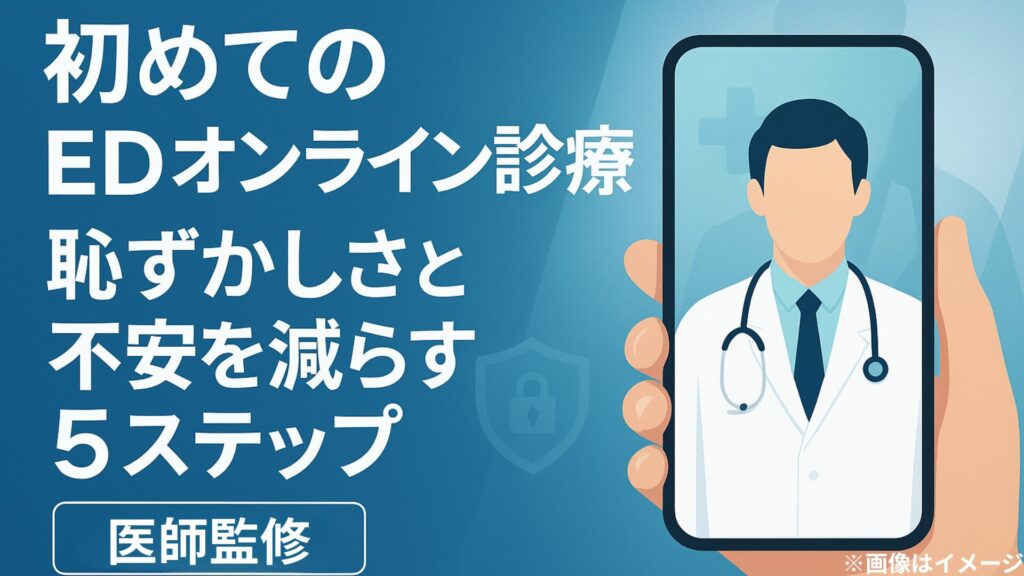 初めてのEDオンライン診療の不安や恥ずかしさを減らす5ステップを紹介する医師監修イメージ。スマートフォン画面に医師が映っているイラスト。