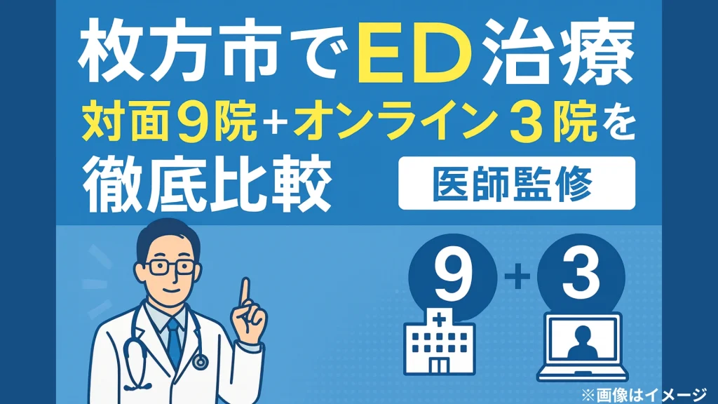 枚方市のED治療クリニックを紹介する医師監修の比較バナー。対面9院とオンライン3院を分かりやすく比較したイメージ
