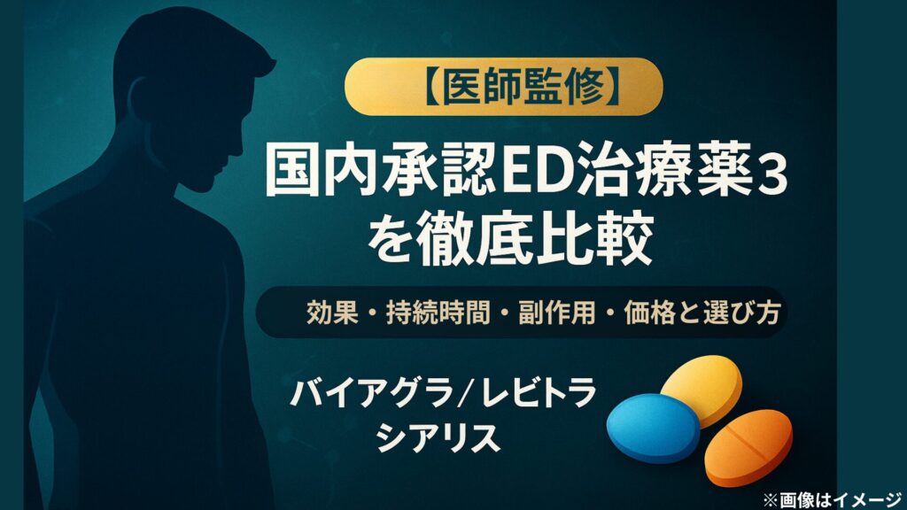 医師監修 国内承認ED治療薬3種を徹底比較。効果・持続時間・副作用・価格と選び方を解説。バイアグラ・レビトラ・シアリスの錠剤イラストと男性のシルエットを背景にしたアイキャッチ画像