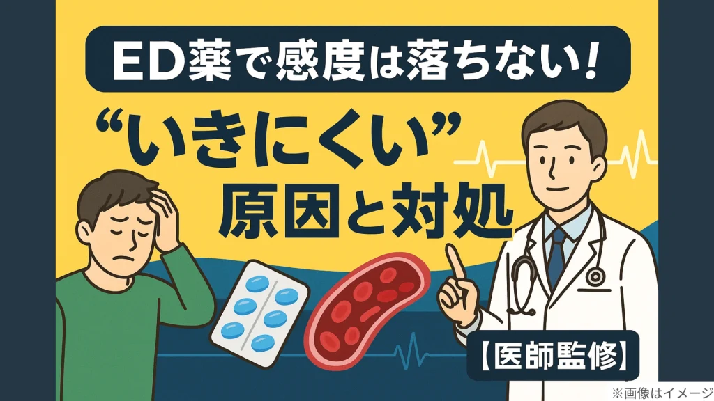 ED薬で感度は落ちない！“いきにくい”原因と対処法を医師が解説するイラスト。悩む男性と医師、ED治療薬の錠剤、血流のイメージが描かれている。