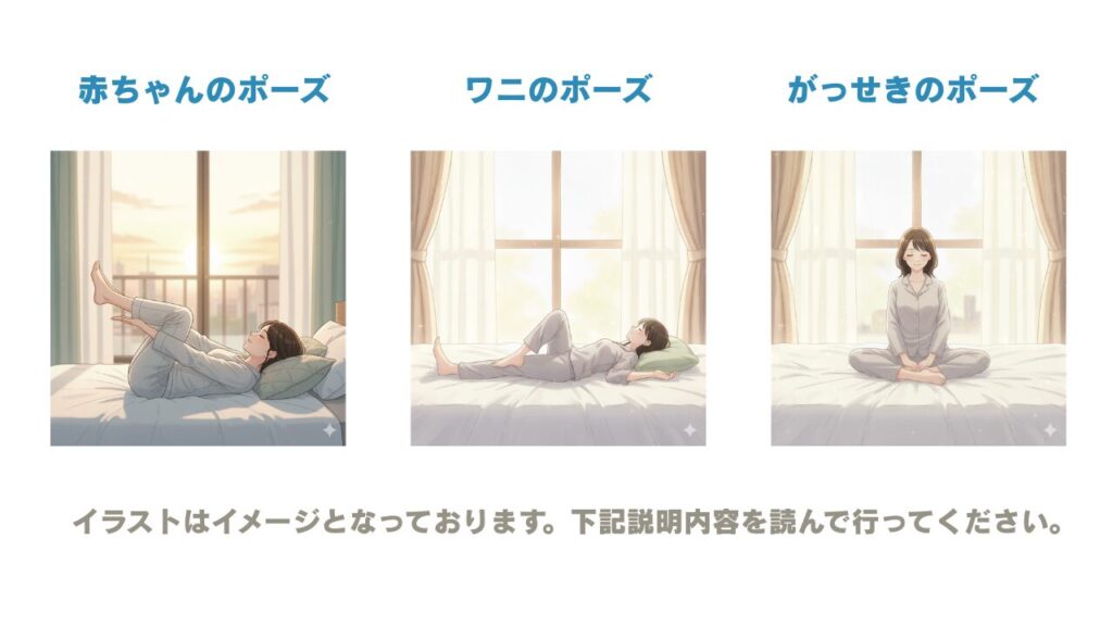 ベッドの上でできる簡単リラックスヨガポーズのイラスト3選