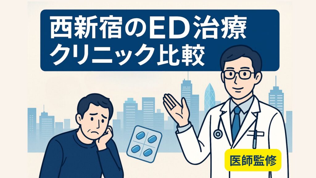 西新宿のED治療クリニック比較を紹介する医師監修アイキャッチ画像。悩む男性と白衣の医師イラスト、青い錠剤と西新宿のビル群を背景に配置