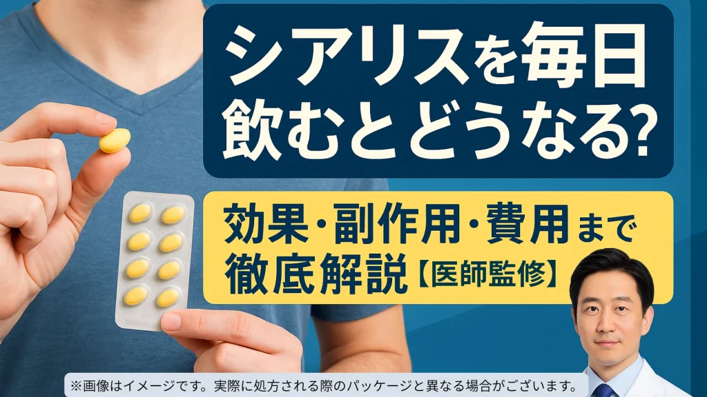 シアリスを毎日飲むとどうなる？効果・副作用・費用を医師監修のもと徹底解説する記事のアイキャッチ画像（男性が黄色い錠剤を手に持つイメージ）