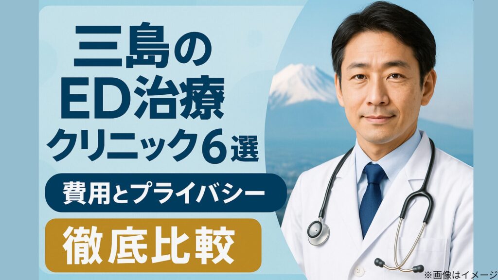 三島のED治療クリニック6選の記事用アイキャッチ画像。富士山を背景に白衣の男性医師の写真が配置され、『費用とプライバシー徹底比較【医師監修】』の文字が大きく表示されている。