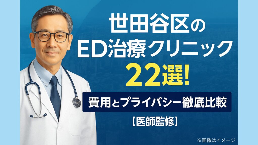 「世田谷区のED治療クリニック22選の記事用アイキャッチ画像。白衣の男性医師の写真と、青い背景に『費用とプライバシー徹底比較【医師監修】』という文字が大きく表示されている。