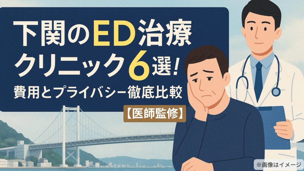 下関のED治療クリニック6選の記事用アイキャッチ画像。関門橋のイラストを背景に、悩む男性と白衣の医師のイラストが並び、『費用とプライバシー徹底比較【医師監修】』の文字が表示されている。