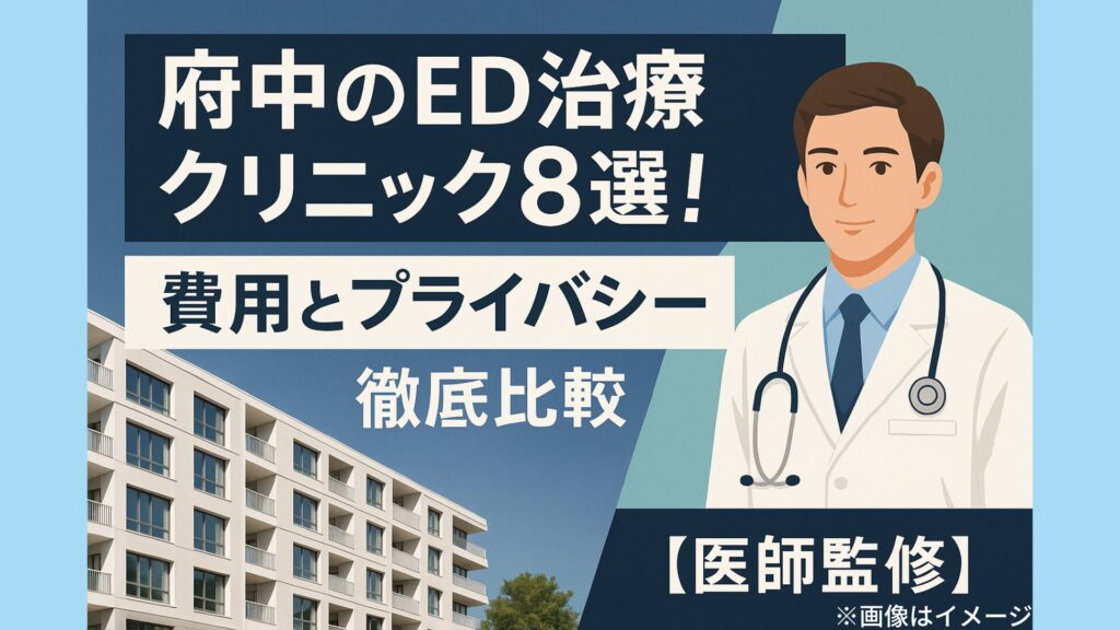 府中のED治療クリニック8選の記事用アイキャッチ画像。白衣の医師イラストと、費用やプライバシー保護を象徴する錠前アイコンとお金袋アイコンが配置され、『徹底比較【医師監修】』の文字が大きく表示されている。