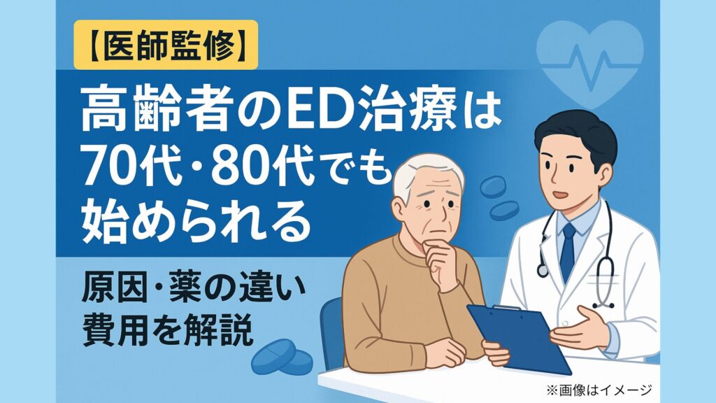 【医師監修】高齢男性が医師にED治療を相談するイラスト。青基調のバナーに「高齢者のED治療は70代・80代でも始められる／原因・薬の違い・費用を解説」の文字。